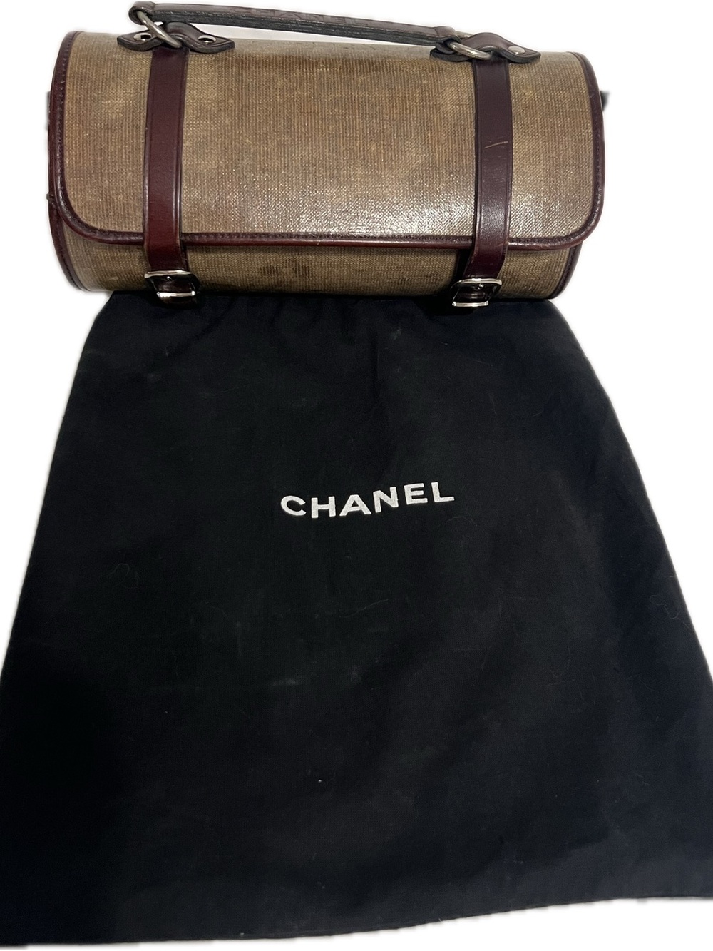 Vintage CHANEL Canvas Picnic Barrel Bag Brown Leather 5-Series Flawed READ